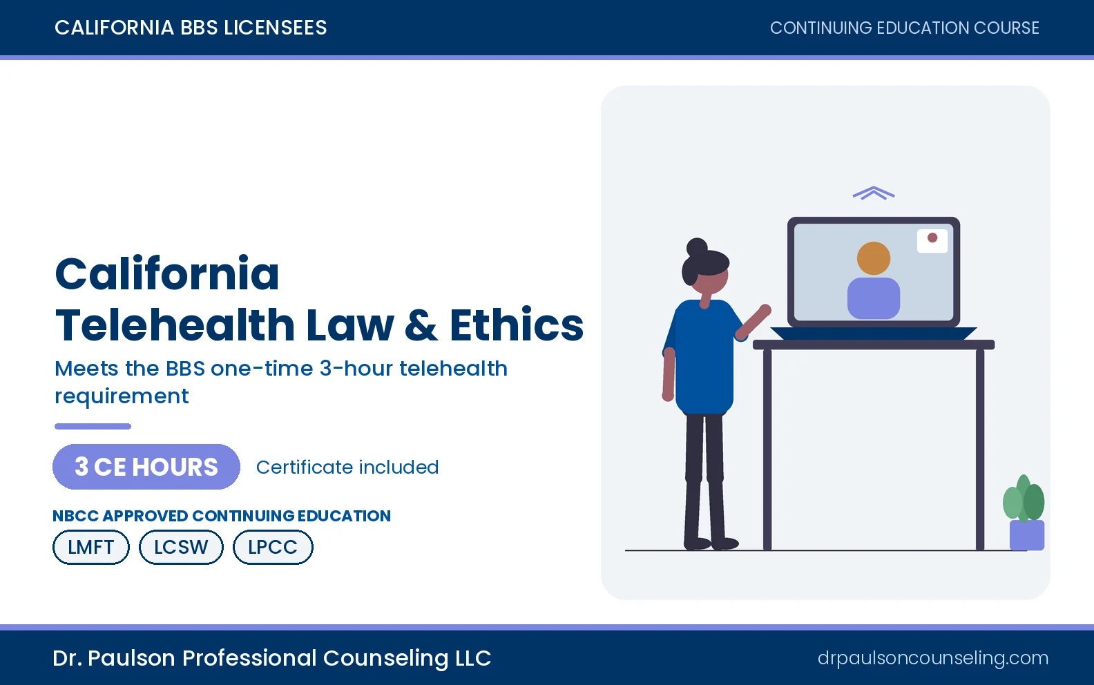 California Telehealth Law and Ethics course cover, 3 CE hours